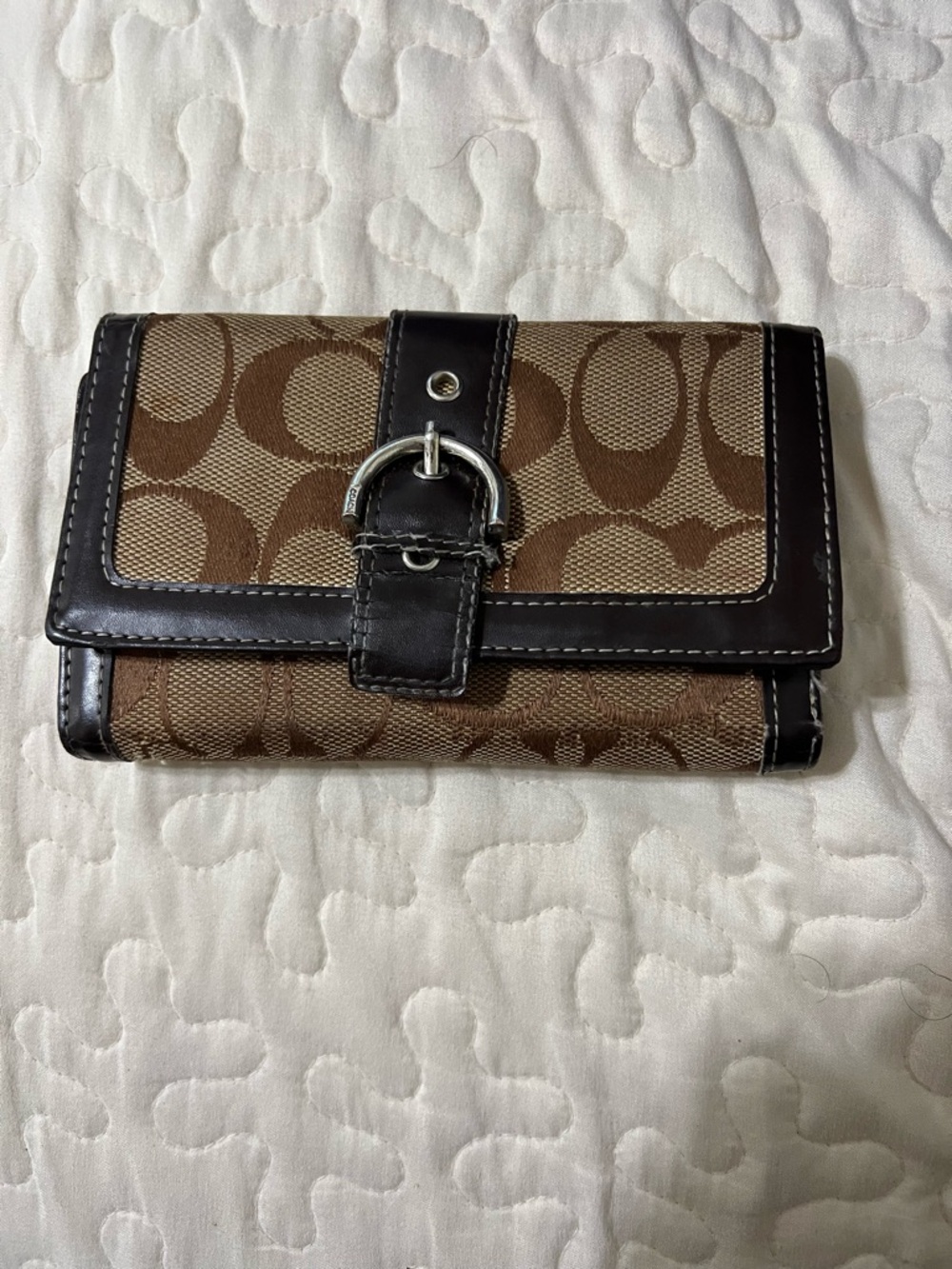 Coach Brown Signature Canvas Wallet with Dark Brown Leather Trim